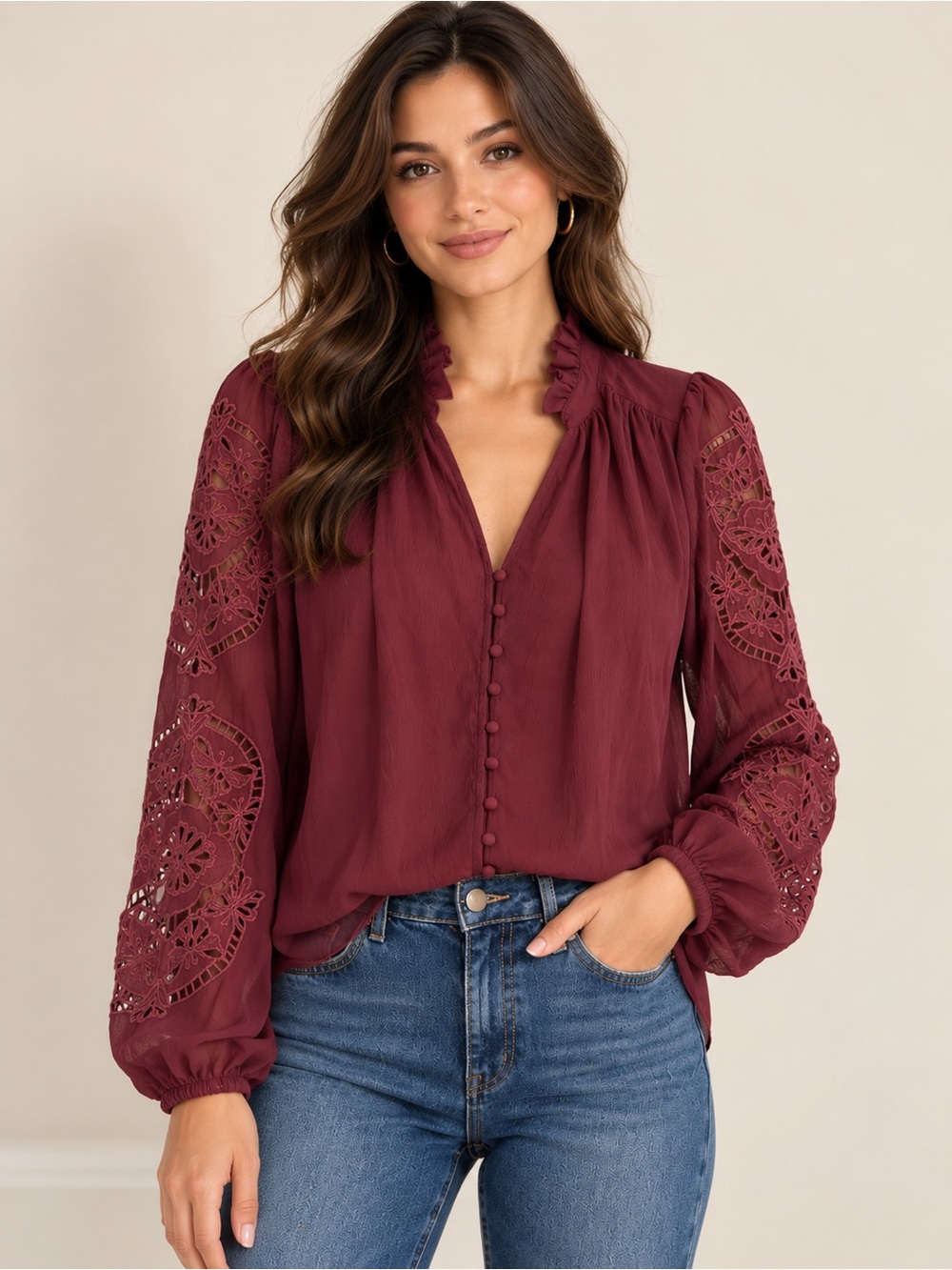 NWT Anthropologie Burgundy Lace Cut out Sleeve Ruffle Neck Blouse Small Boho